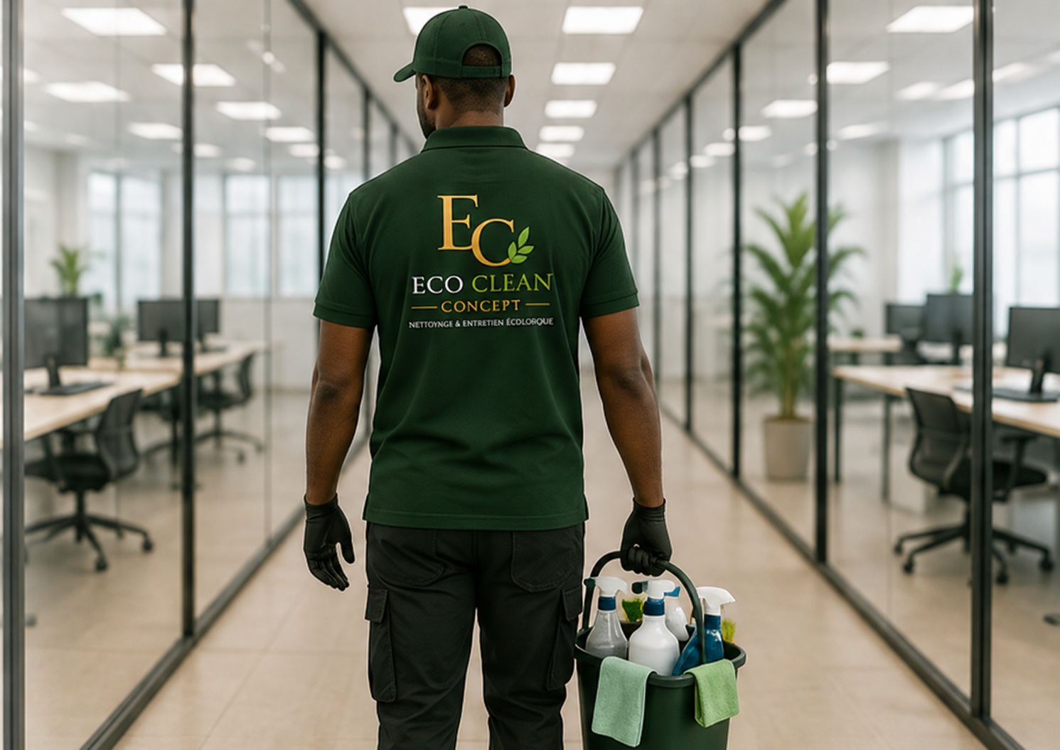 Agent Eco Clean Concept en intervention de nettoyage dans des bureaux professionnels